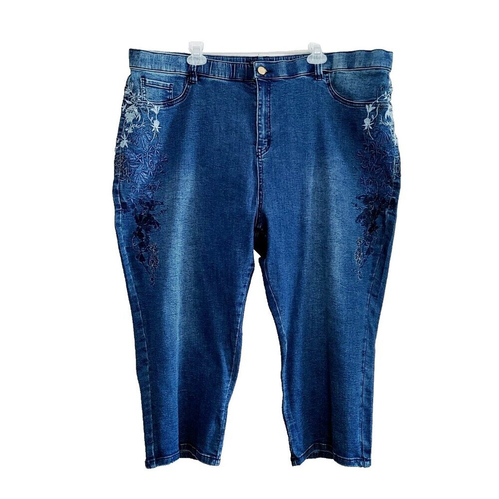 Simon Chang Cropped Jeans Women's Plus Size 24 Floral embroidered sides